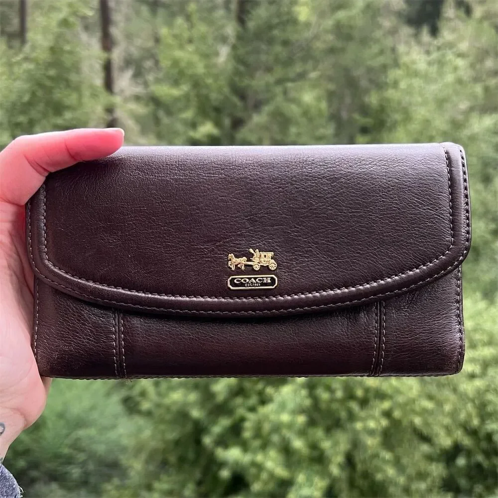 VINTAGE COACH Brown Leather Trifold Wallet w Gold Logo Accent AUTHENTIC